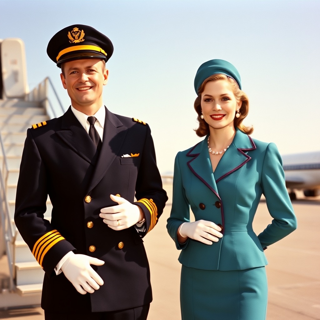 Apogee Airways flight crew in tailored mid-century uniforms beside the boarding stairs