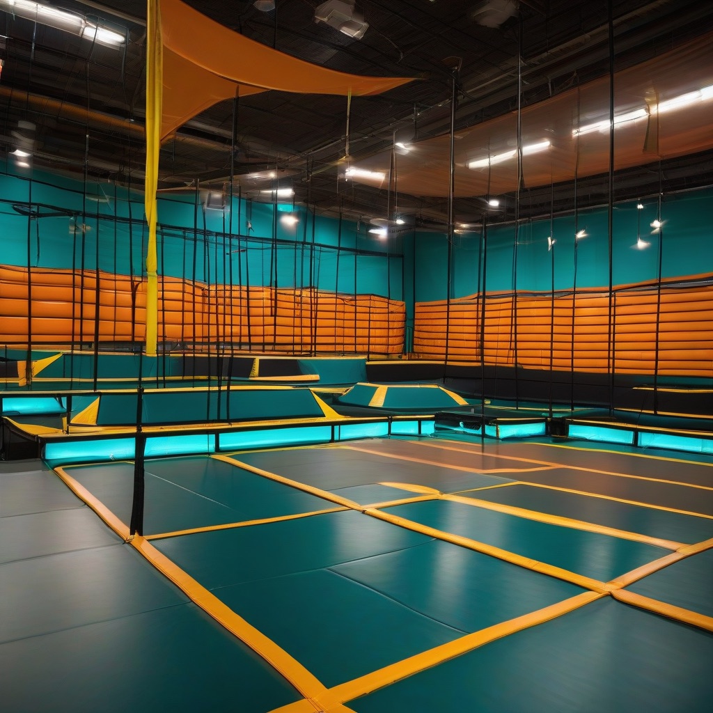Bright, colorful indoor trampoline court at an Apogee Airways park