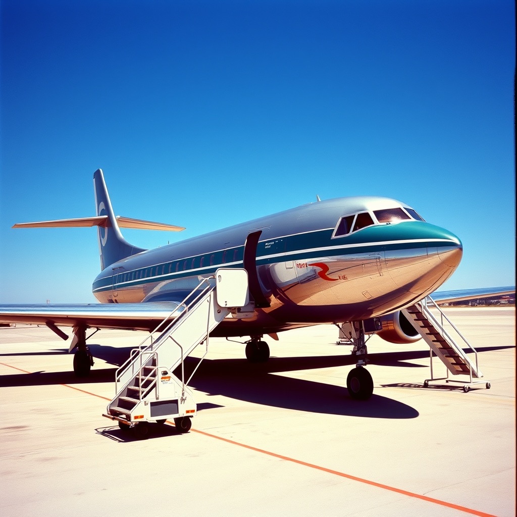 Classic 1960s Apogee Airways jet airliner with a teal cheatline and boarding stairs